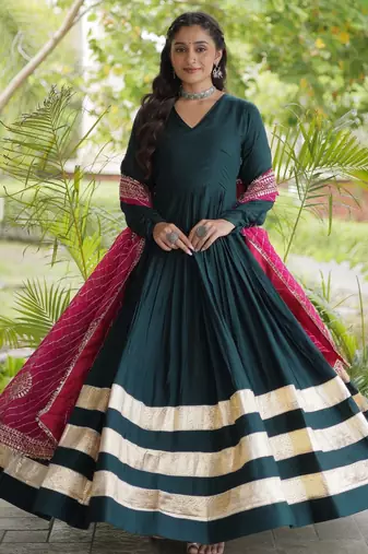 D green rayon readymade navratri anarkali suit with embroidery & gotapatti work