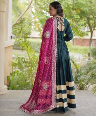 D green rayon readymade navratri anarkali suit with embroidery & gotapatti work 4