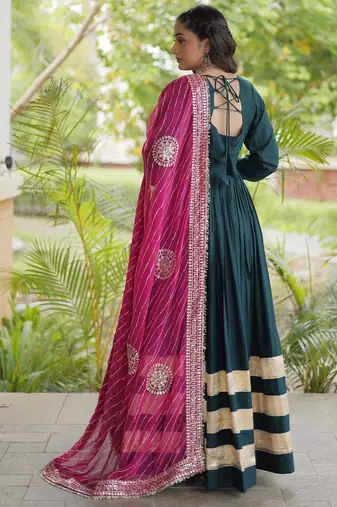 D green rayon readymade navratri anarkali suit with embroidery & gotapatti work