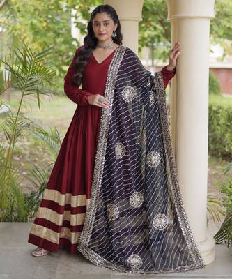 Maroon rayon readymade navratri anarkali suit with embroidery & gotapatti work 1