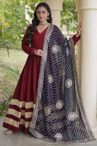Maroon rayon readymade navratri anarkali suit with embroidery & gotapatti work