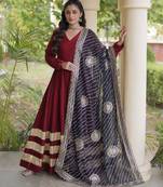 Maroon rayon readymade navratri anarkali suit with embroidery & gotapatti work