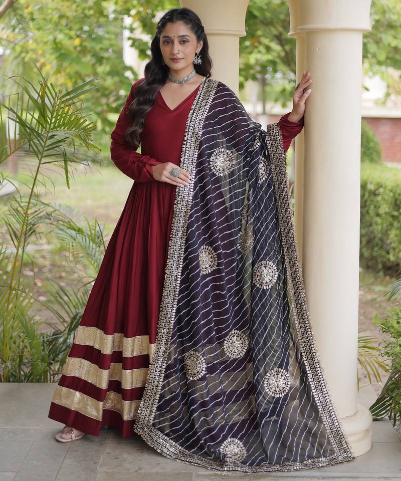 Maroon rayon readymade navratri anarkali suit with embroidery & gotapatti work
