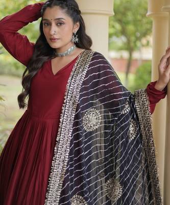 Maroon rayon readymade navratri anarkali suit with embroidery & gotapatti work 2