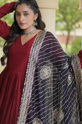 Maroon rayon readymade navratri anarkali suit with embroidery & gotapatti work