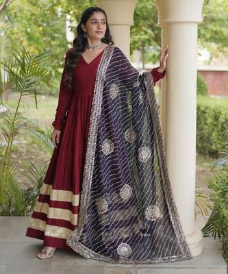Maroon rayon readymade navratri anarkali suit with embroidery & gotapatti work 3