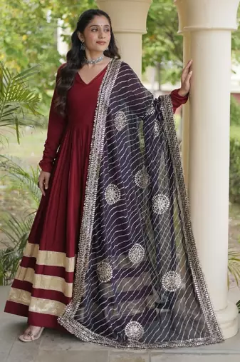 Maroon rayon readymade navratri anarkali suit with embroidery & gotapatti work