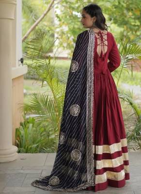 Maroon rayon readymade navratri anarkali suit with embroidery & gotapatti work 4