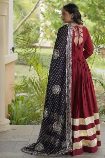 Maroon rayon readymade navratri anarkali suit with embroidery & gotapatti work