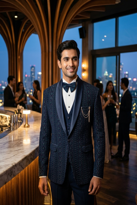Teal blue thread and sequins embroidered tuxedo suit 2