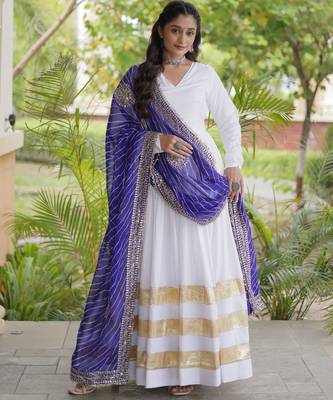 White rayon readymade navratri anarkali suit with embroidery & gotapatti work 1