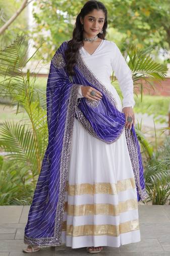 White rayon readymade navratri anarkali suit with embroidery & gotapatti work