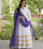 White rayon readymade navratri anarkali suit with embroidery & gotapatti work
