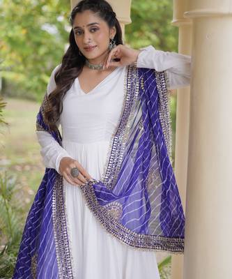 White rayon readymade navratri anarkali suit with embroidery & gotapatti work 2