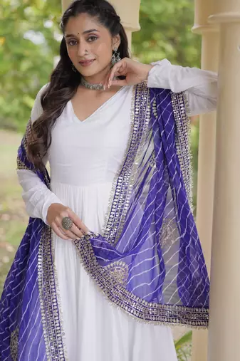 White rayon readymade navratri anarkali suit with embroidery & gotapatti work