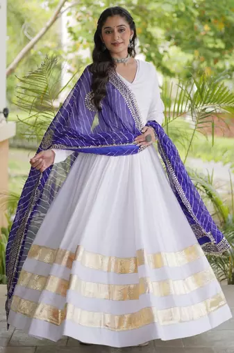 White rayon readymade navratri anarkali suit with embroidery & gotapatti work
