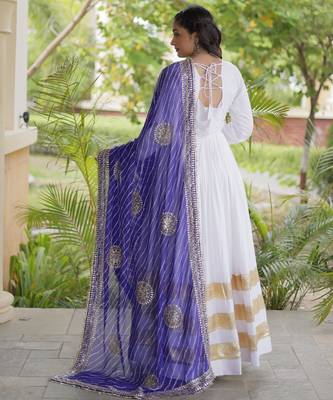 White rayon readymade navratri anarkali suit with embroidery & gotapatti work 4