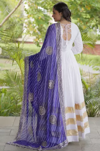 White rayon readymade navratri anarkali suit with embroidery & gotapatti work