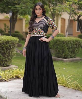 Black rayon readymade navratri anarkali suit with embroidery & miroor work 1