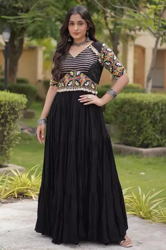 Black rayon readymade navratri anarkali suit with embroidery & miroor work