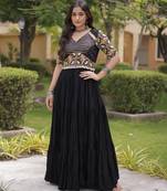 Black rayon readymade navratri anarkali suit with embroidery & miroor work