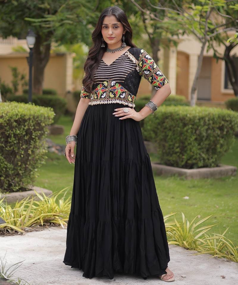 Black rayon readymade navratri anarkali suit with embroidery & miroor work