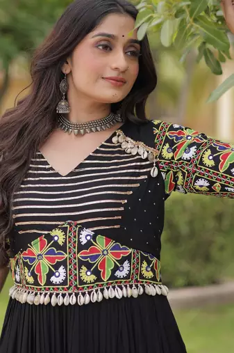 Black rayon readymade navratri anarkali suit with embroidery & miroor work