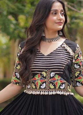 Black rayon readymade navratri anarkali suit with embroidery & miroor work 3