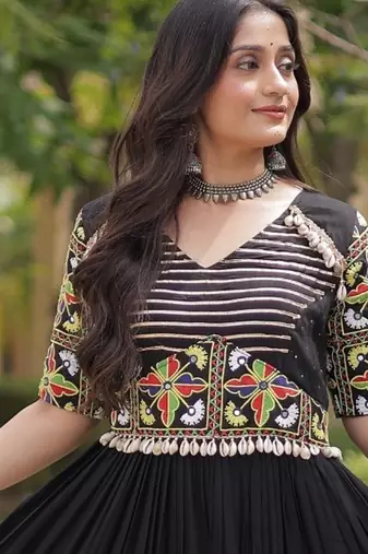 Black rayon readymade navratri anarkali suit with embroidery & miroor work