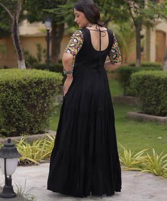 Black rayon readymade navratri anarkali suit with embroidery & miroor work 4