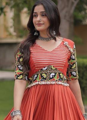 Orange rayon readymade navratri anarkali suit with embroidery & miroor work 2