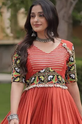 Orange rayon readymade navratri anarkali suit with embroidery & miroor work