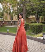 Orange rayon readymade navratri anarkali suit with embroidery & miroor work