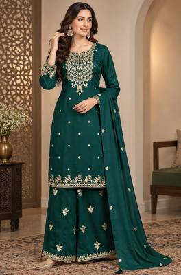 D green silk blend readymade suit with embroidery & zari work 1