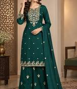D green silk blend readymade suit with embroidery & zari work