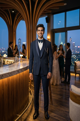 Teal blue thread and sequins embroidered tuxedo suit 3