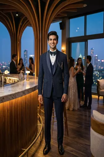Teal blue thread and sequins embroidered tuxedo suit