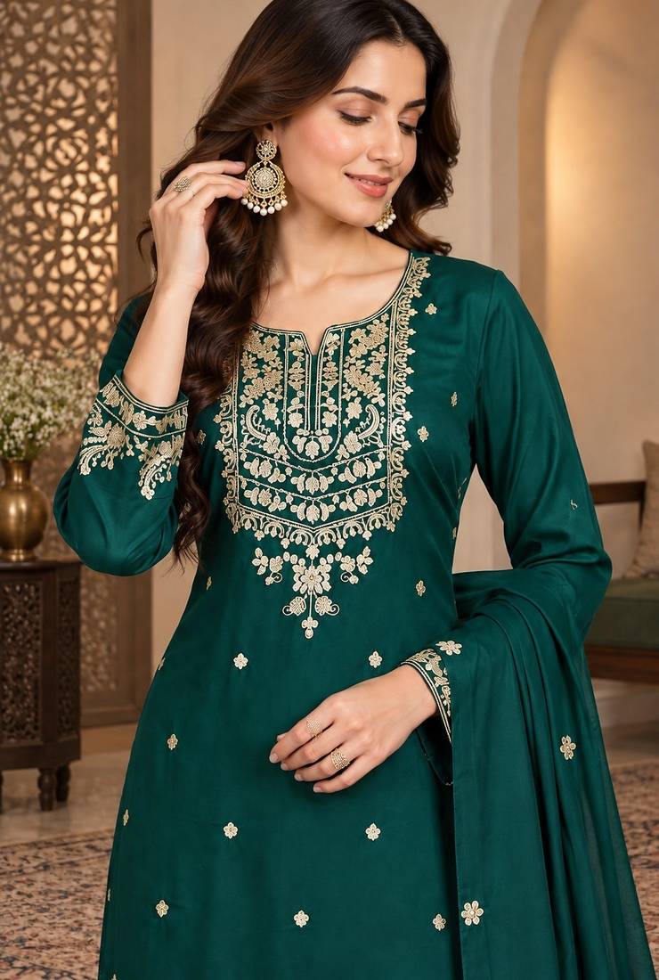 D green silk blend readymade suit with embroidery & zari work