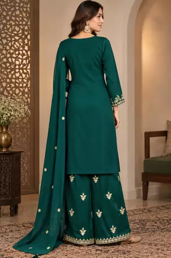 D green silk blend readymade suit with embroidery & zari work