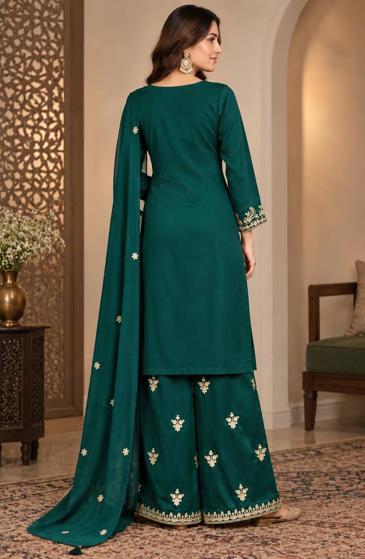 D green silk blend readymade suit with embroidery & zari work