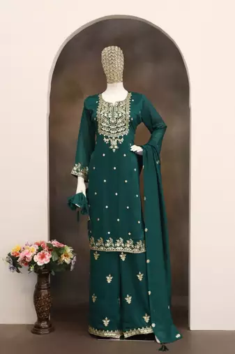 D green silk blend readymade suit with embroidery & zari work