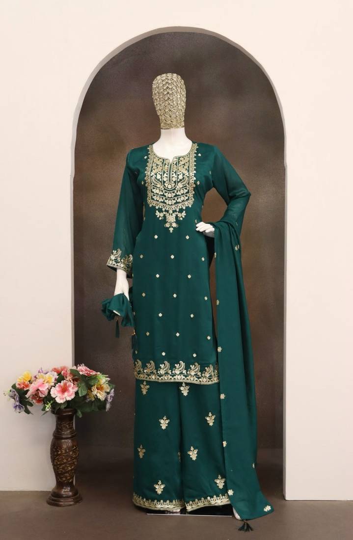 D green silk blend readymade suit with embroidery & zari work