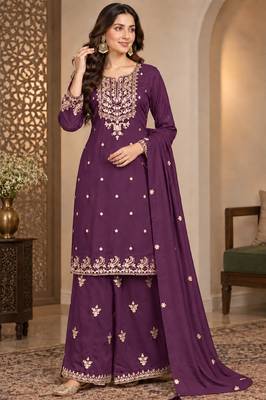 Purple silk blend readymade suit with embroidery & zari work 1