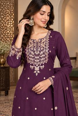Purple silk blend readymade suit with embroidery & zari work 2