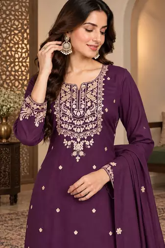 Purple silk blend readymade suit with embroidery & zari work