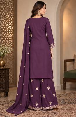 Purple silk blend readymade suit with embroidery & zari work 3