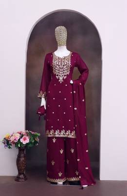 Purple silk blend readymade suit with embroidery & zari work 4