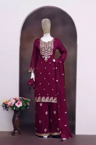 Purple silk blend readymade suit with embroidery & zari work