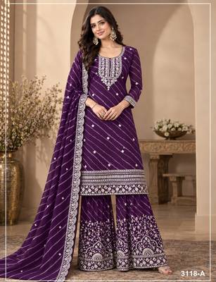Purple georgette semi stitched suit with embroidery & zari work 1