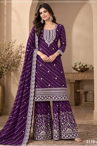 Purple georgette semi stitched suit with embroidery & zari work